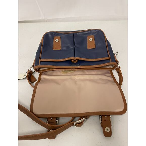 Coach Park Women Colorful Color Block Leather Crossbody Satchel Bag Navy Tan - Picture 5 of 8